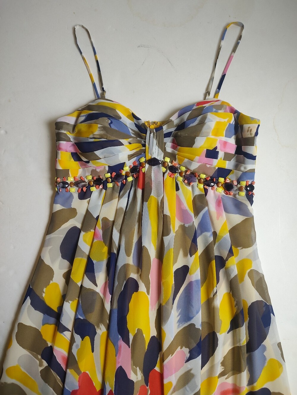 Eliza J New York Paint Splatter Maxi Dress Purple Yellow Beaded Spaghetti Stra 4